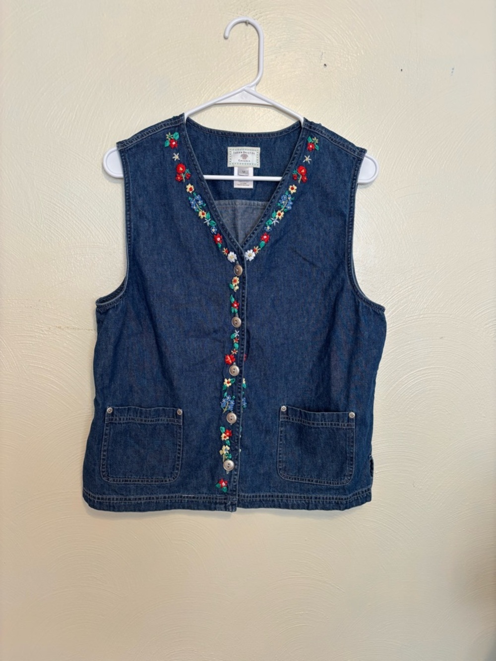Susan Bristol Dark Blue Denim Embroidered Button Vest